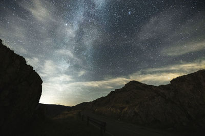 Scenic view of mountains against sky at night