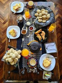 High angle view of breakfast on table