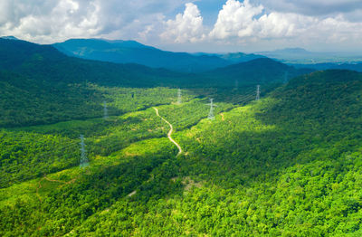 Energy and environment concept. high voltage power poles. pang puay, mae moh, lampang, thailand.