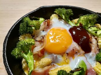 High angle view of breakfast served in plate on table