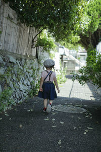 Rear view of woman on footpath amidst plants