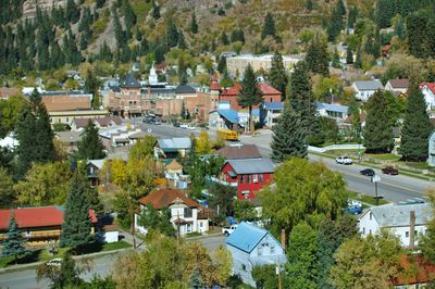 High angle view of buildings in town