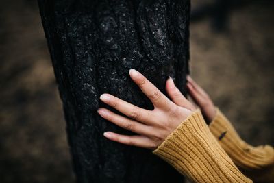 Close-up of hand on tree trunk