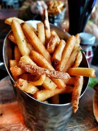 Close-up of meat and fries