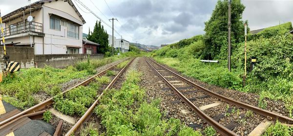 Railroad tracks amidst trees and buildings against sky