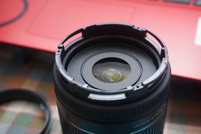 High angle view of camera on table