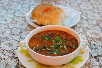 High angle view of soup in bowl on table