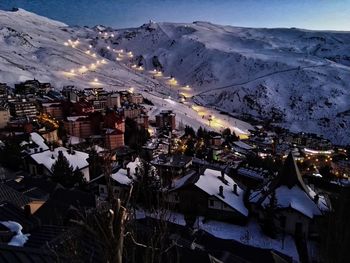 High angle view of houses in city during winter