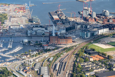 High angle view of buildings in city