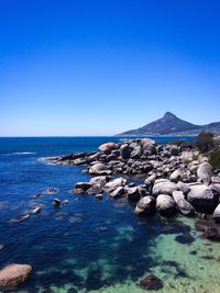 Scenic view of sea against clear blue sky