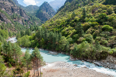 Scenic view of river amidst mountains