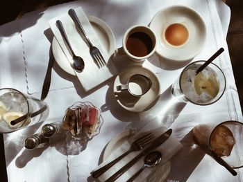 High angle view of breakfast on table