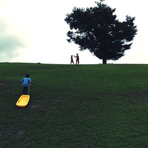 Rear view of girl pulling toboggan on land