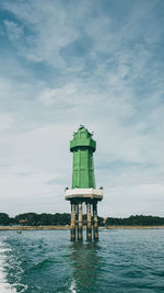 Lighthouse by sea against sky