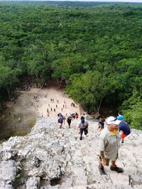 High angle view of people on road