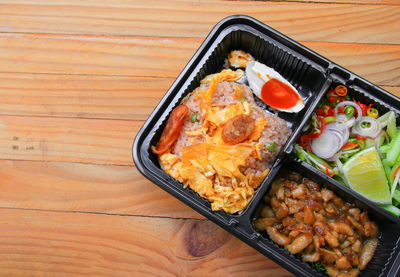 High angle view of food in tray