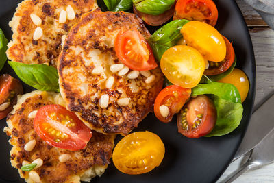 High angle view of meal served on table