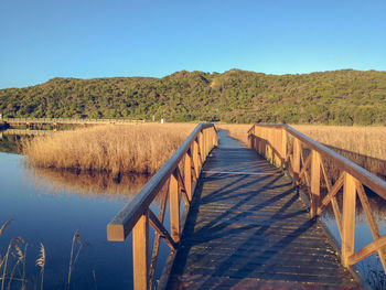 Scenic view of lake against clear blue sky