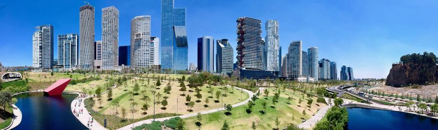 Panoramic view of city and buildings against sky