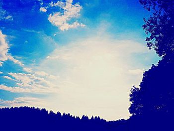 Low angle view of trees against blue sky