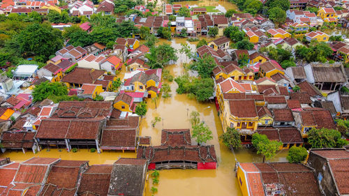 High angle view of multi colored houses in city