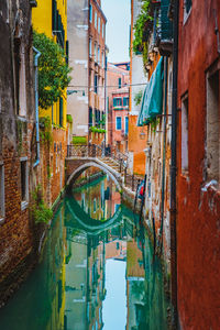 Arch bridge over canal amidst buildings in city