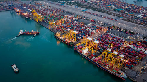 High angle view of boats in harbor