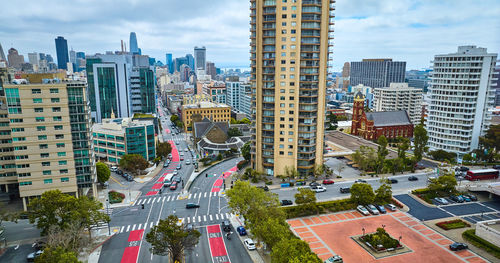 High angle view of buildings in city