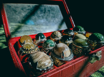 High angle view of various containers on table