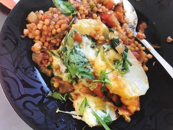 High angle view of breakfast served in plate