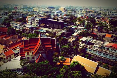 High angle view of houses in town