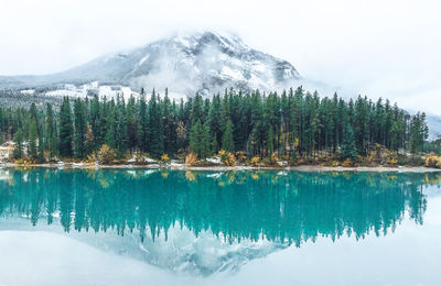 Scenic view of lake by snow against sky