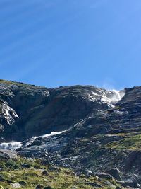 Scenic view of snowcapped mountains against clear blue sky