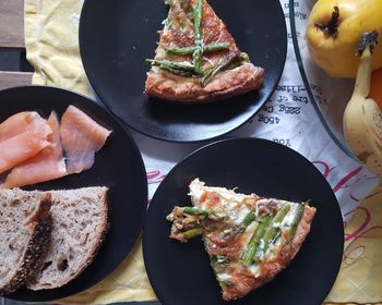 High angle view of breakfast served on table