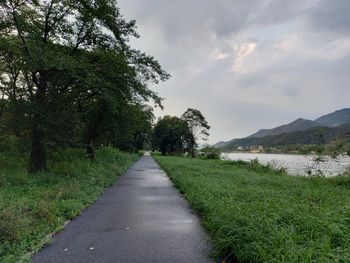 Empty road along trees and plants against sky