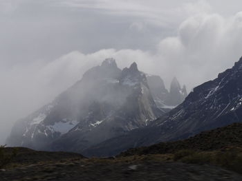 Scenic view of snowcapped mountains against sky, torres del paine mountain