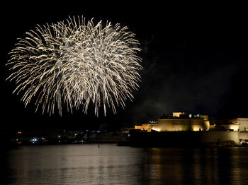 Firework display over sea against sky at night