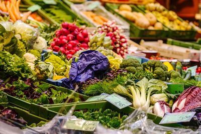 Close-up of multi colored vegetables for sale in market