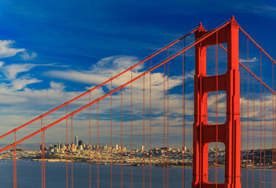 Low angle view of suspension bridge against sky