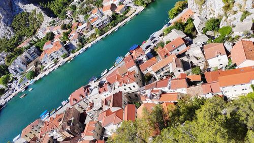 High angle view of buildings in town