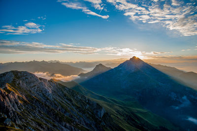 Scenic view of snowcapped mountains against sky during sunset