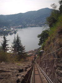 Railroad tracks amidst trees and mountains