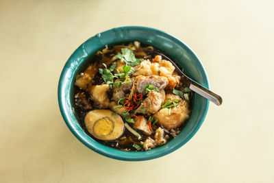 High angle view of food in bowl on table