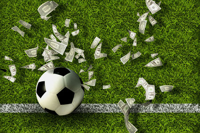 High angle view of soccer ball on field