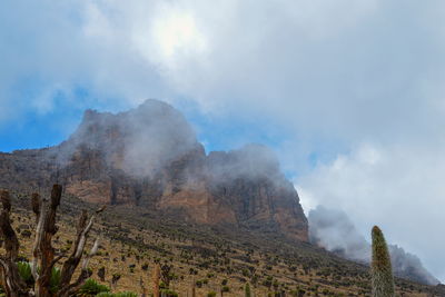 Volcanic rock formations in the foggy landscapes of mount kenya, mount kenya national park, kenya