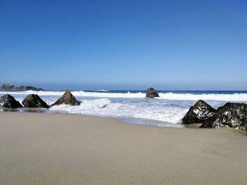 Scenic view of sea against clear blue sky
