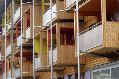 Wooden housing estate or residential area, building architecture with wood