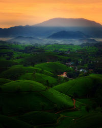 High angle view of landscape against sky during sunset