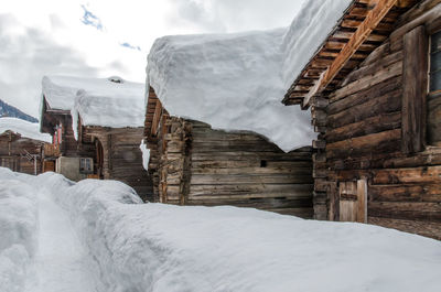 Snow covered buildings against sky