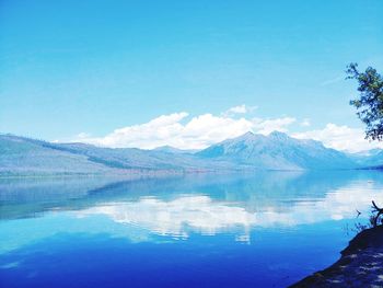 Scenic view of lake by mountains against blue sky